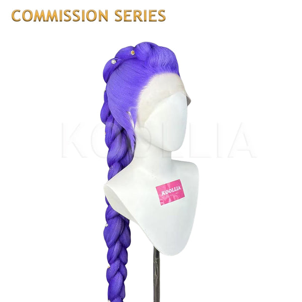 "Premium Rumi cosplay wig from the Koollia Commission Series, featuring a vibrant purple lace front long braided hair design on a white mannequin with a clean white background."