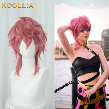 Split view showing the short pink Trish Una cosplay wig from JoJo's Bizarre Adventure styled on a mannequin head alongside a cosplayer modeling the full look.